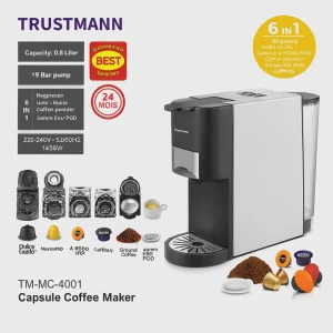 Machine à Café à Capsules TRUSTMANN 6 en 1 –  19 Bars – 1450W